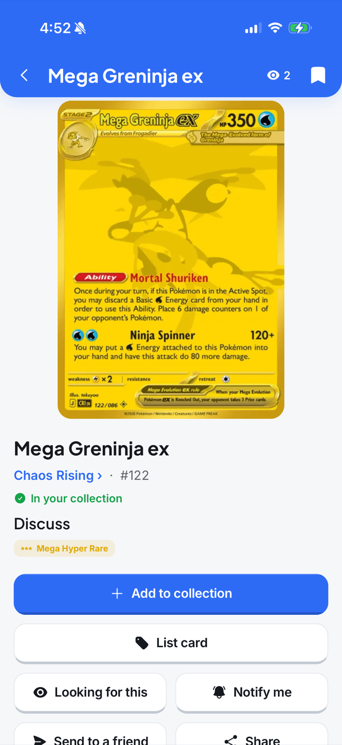 Card detail with price, collection and listing actions