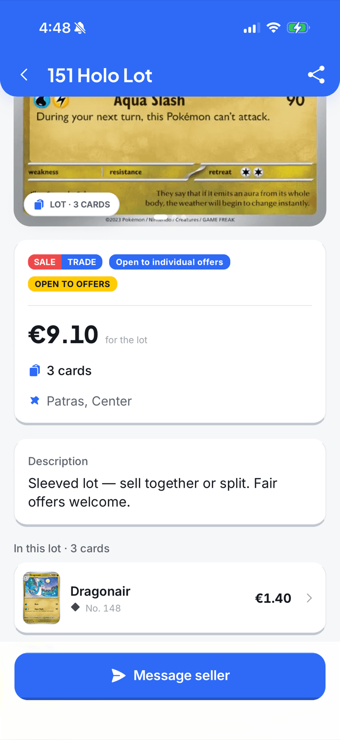A seller listing with condition, price and location