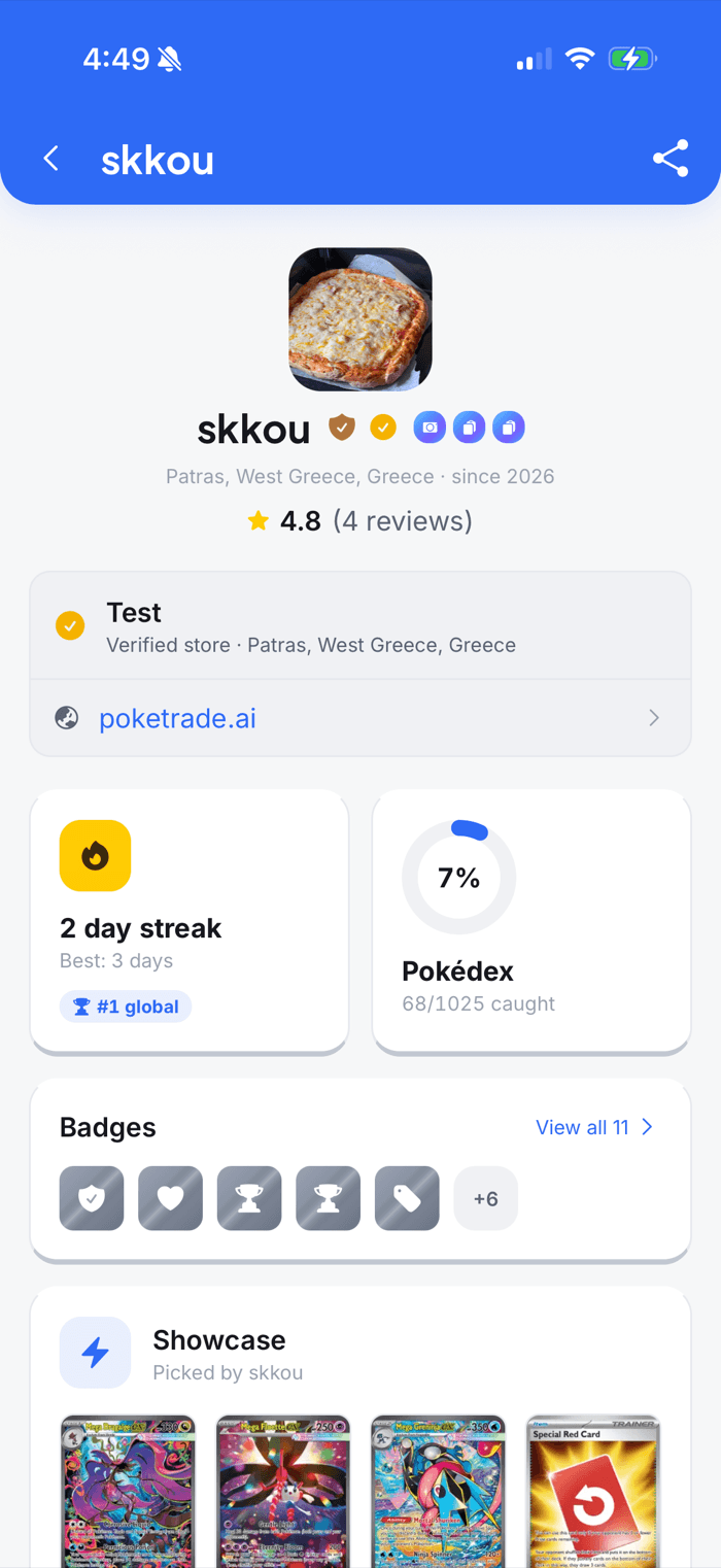 A public profile with badges, ratings and a card showcase