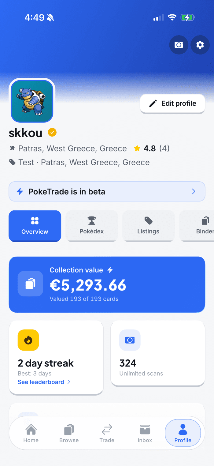 Your profile with collection value, streak and stats