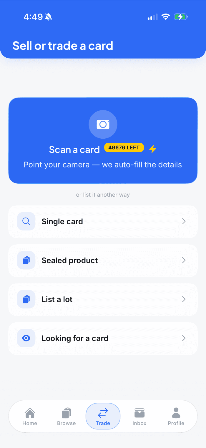List a card by AI scan, by hand, or as a lot